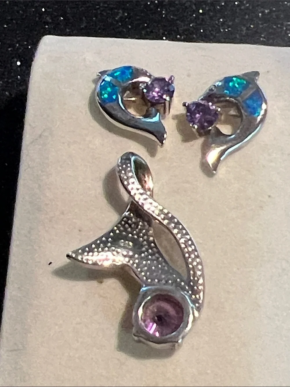 Sterling Silver Blue Opal and Purple Crystal dolphin Pendant & Earring Set
